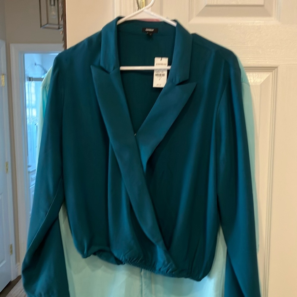 Express Green Wrap Blouse with Relaxed Fit and Long Sleeves